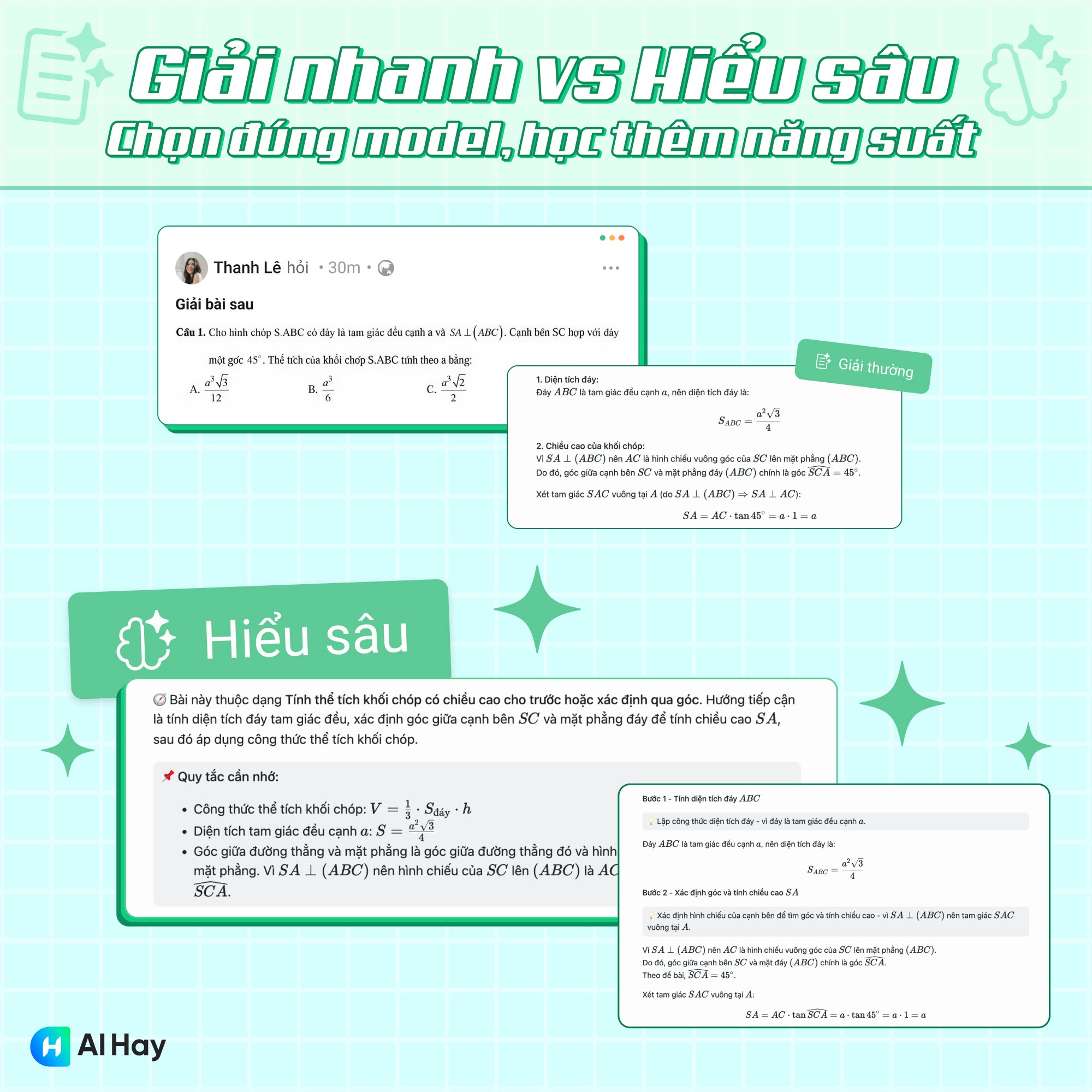 So sánh chế độ Giải thường và Hiểu sâu khi giải bài hình học trên AI Hay
